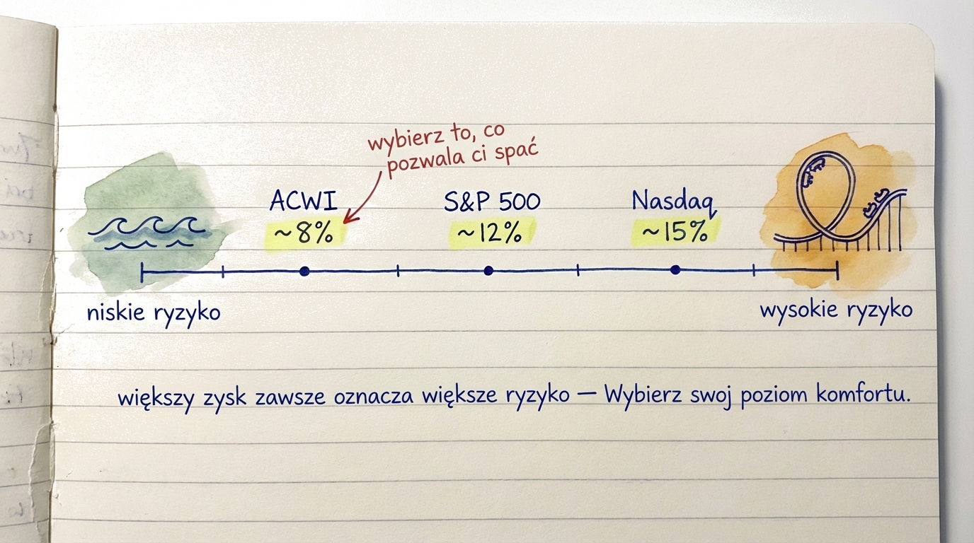 Spektrum ryzyka pokazujące ACWI jako najniższe ryzyko, S&P 500 jako średnie i Nasdaq 100 jako najwyższe ryzyko z najwyższymi potencjalnymi zwrotami