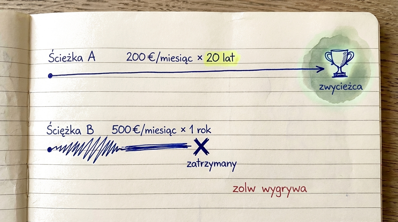 Ilustracja pokazująca, że konsekwentne małe inwestycje przez wiele lat biją duże, sporadyczne