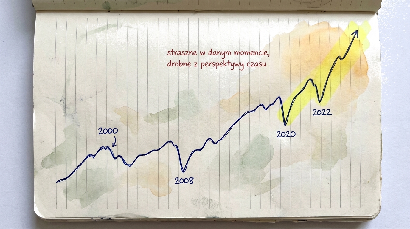 Oś czasu pokazująca duże krachy giełdowe od 2000 roku i jak rynek odbudował się i poszedł wyżej po każdym z nich