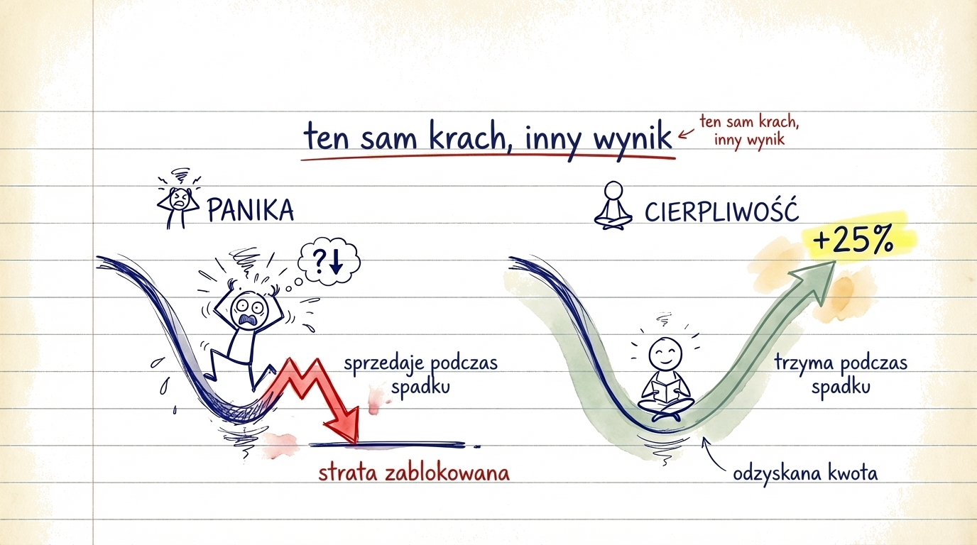 Ilustracja pokazująca różnicę między paniczną sprzedażą podczas krachu (blokowanie strat) a trzymaniem i odbudową