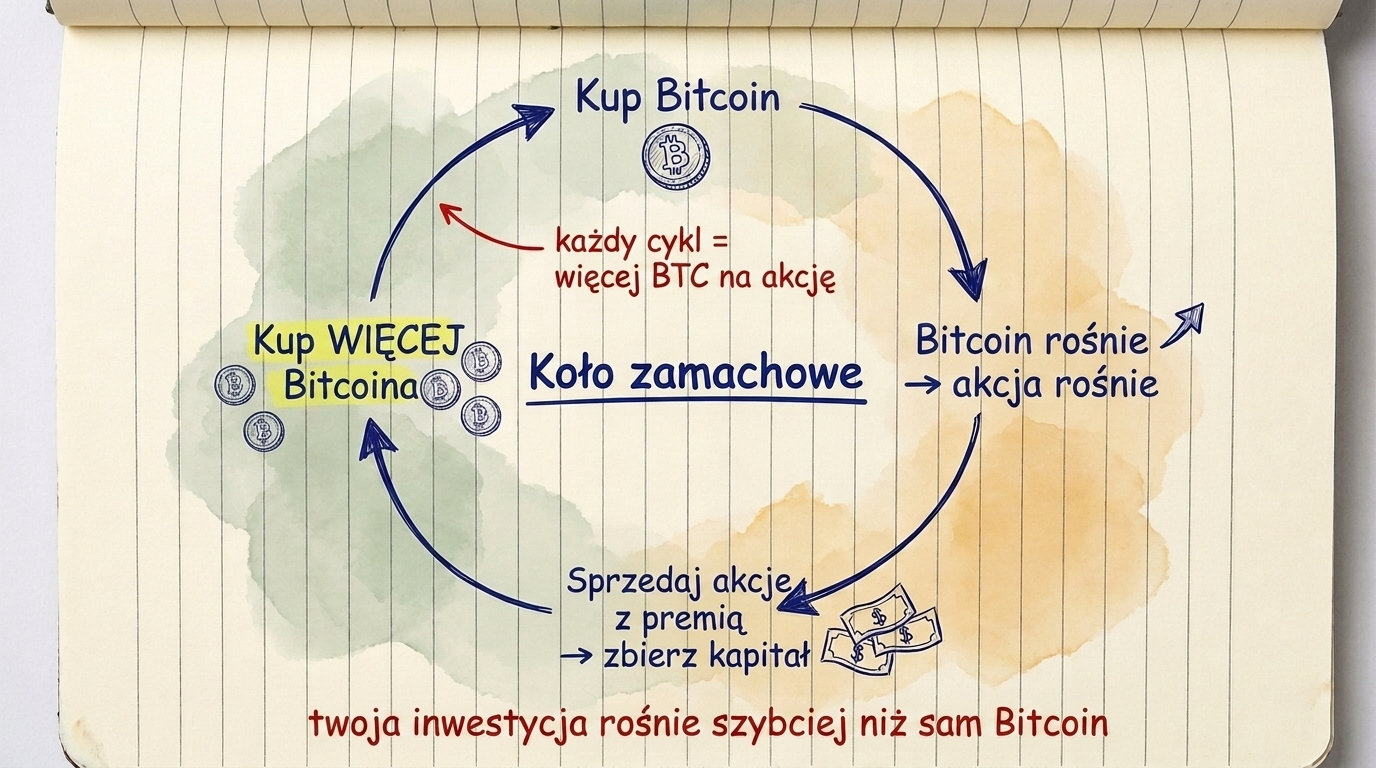 The Strategy flywheel: buy Bitcoin, stock goes up, sell shares at premium, buy more Bitcoin — each cycle adds more BTC per share