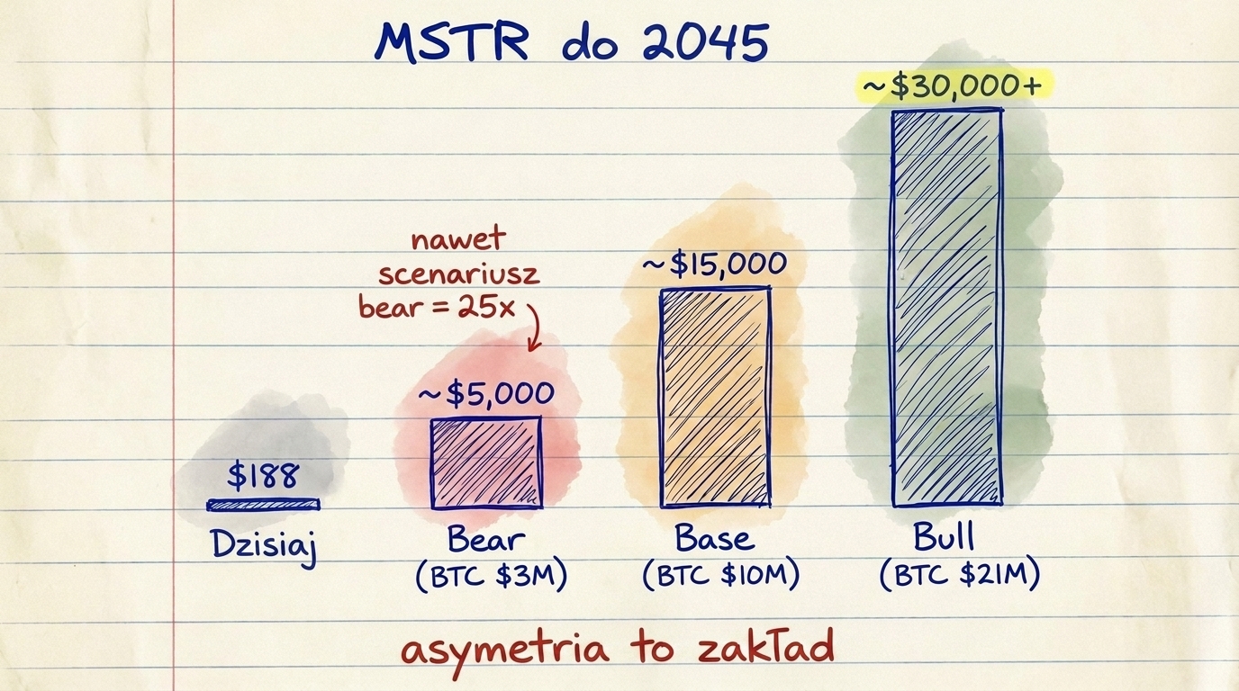 MSTR long-term scenarios: Bear (BTC $3M) = MSTR $5,000, Base (BTC $10M) = MSTR $15,000, Bull (BTC $21M) = MSTR $30,000+