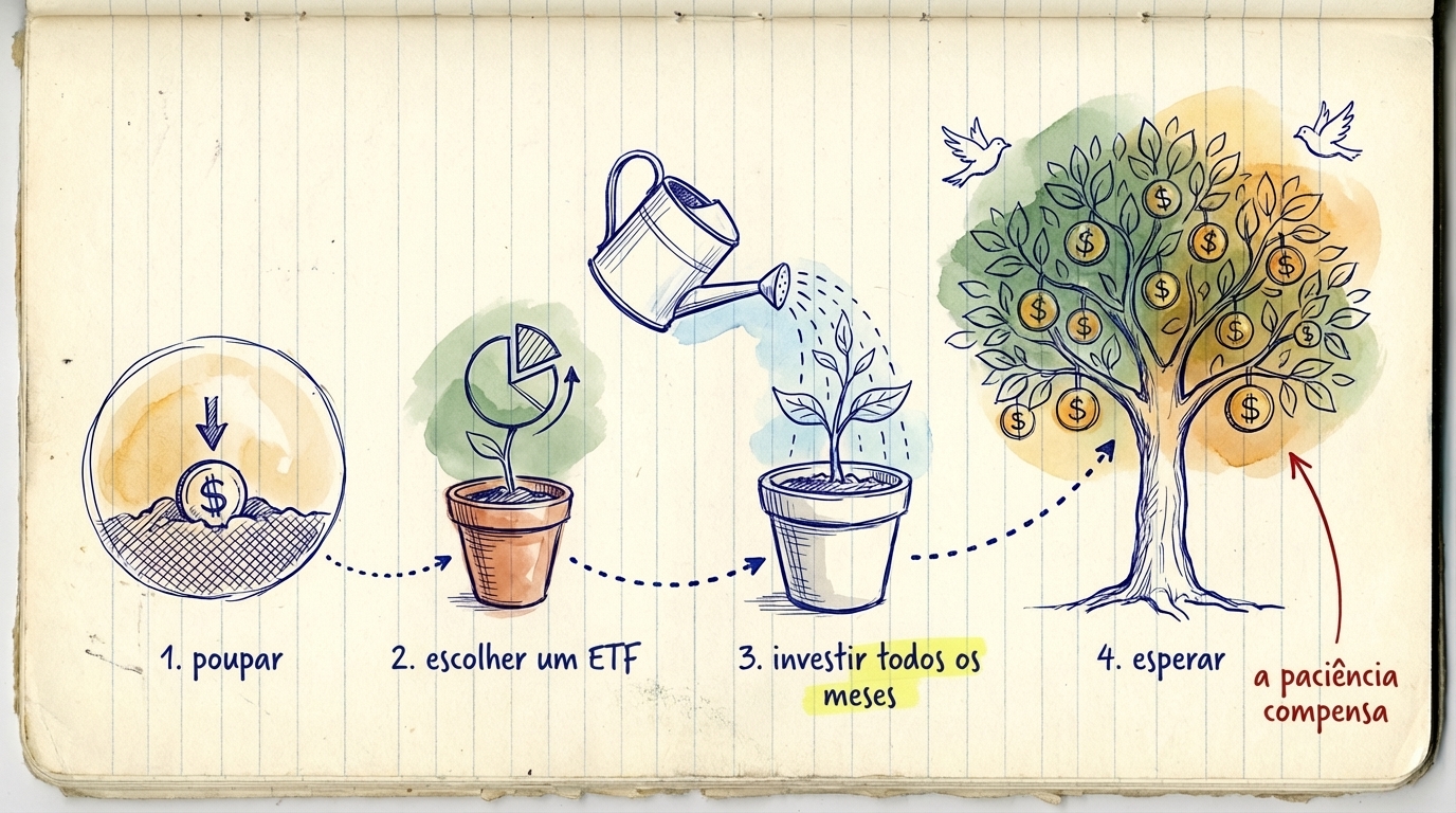 Um plano de investimento simples em 4 passos: poupar dinheiro de emergência, escolher um ETF, investir mensalmente, manter durante pelo menos 5 anos