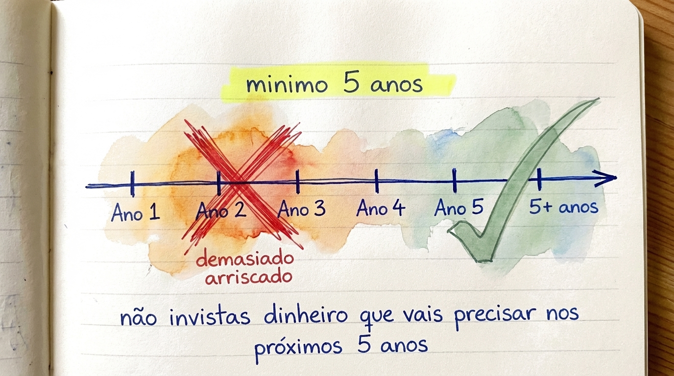 Infografia que explica porque 5 anos é o horizonte temporal mínimo para investir, mostrando cronologias de recuperação de quedas
