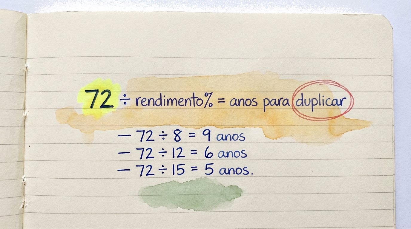 A fórmula da Regra dos 72: divide 72 pela tua percentagem de retorno anual para descobrir quantos anos até o teu dinheiro duplicar