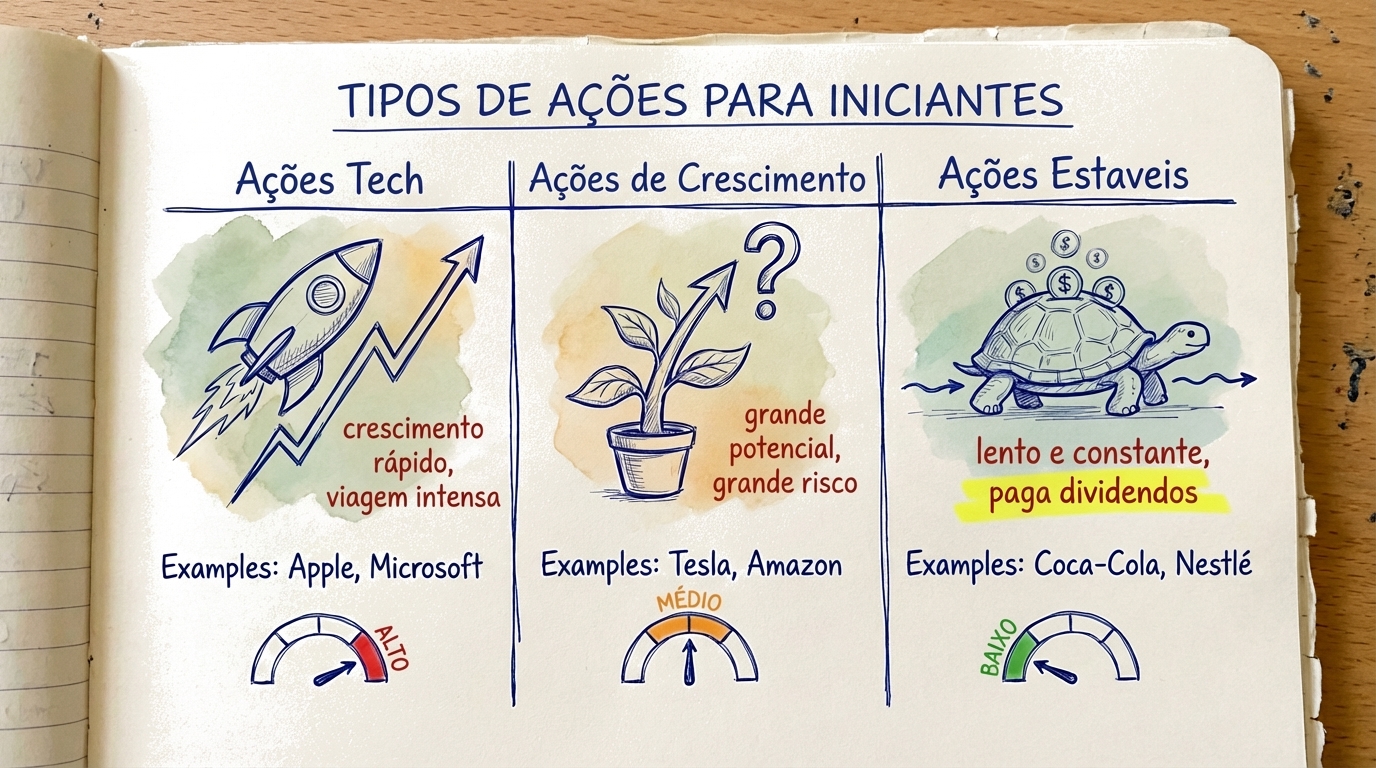Três tipos de ações comparados: Ações de tecnologia (crescimento rápido, viagem selvagem), Ações de crescimento (grande potencial, grande risco) e Ações estáveis (lentas e constantes, pagam dividendos)