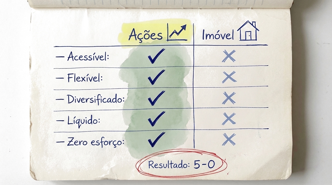 Comparação lado a lado de ações versus imobiliário mostrando as vantagens das ações: acessíveis, flexíveis, diversificadas, líquidas e sem esforço