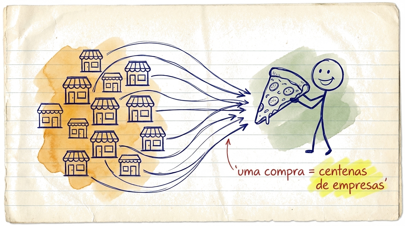 Ilustração a comparar comprar uma ação (uma pizzaria) versus um ETF (uma fatia de centenas de pizzarias)