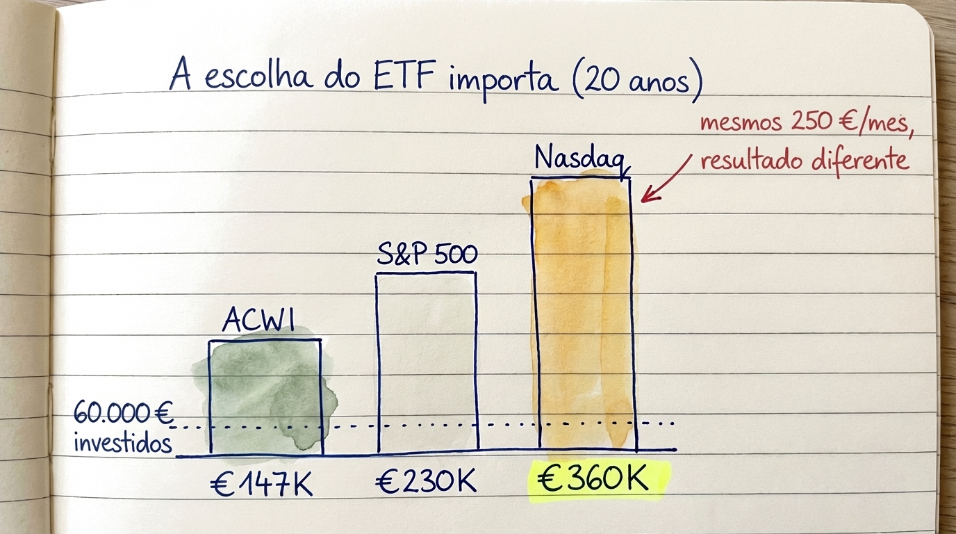 Gráfico de barras a comparar o crescimento de 250 euros por mês entre ACWI, S&P 500 e Nasdaq 100 ao longo de 5, 10 e 20 anos