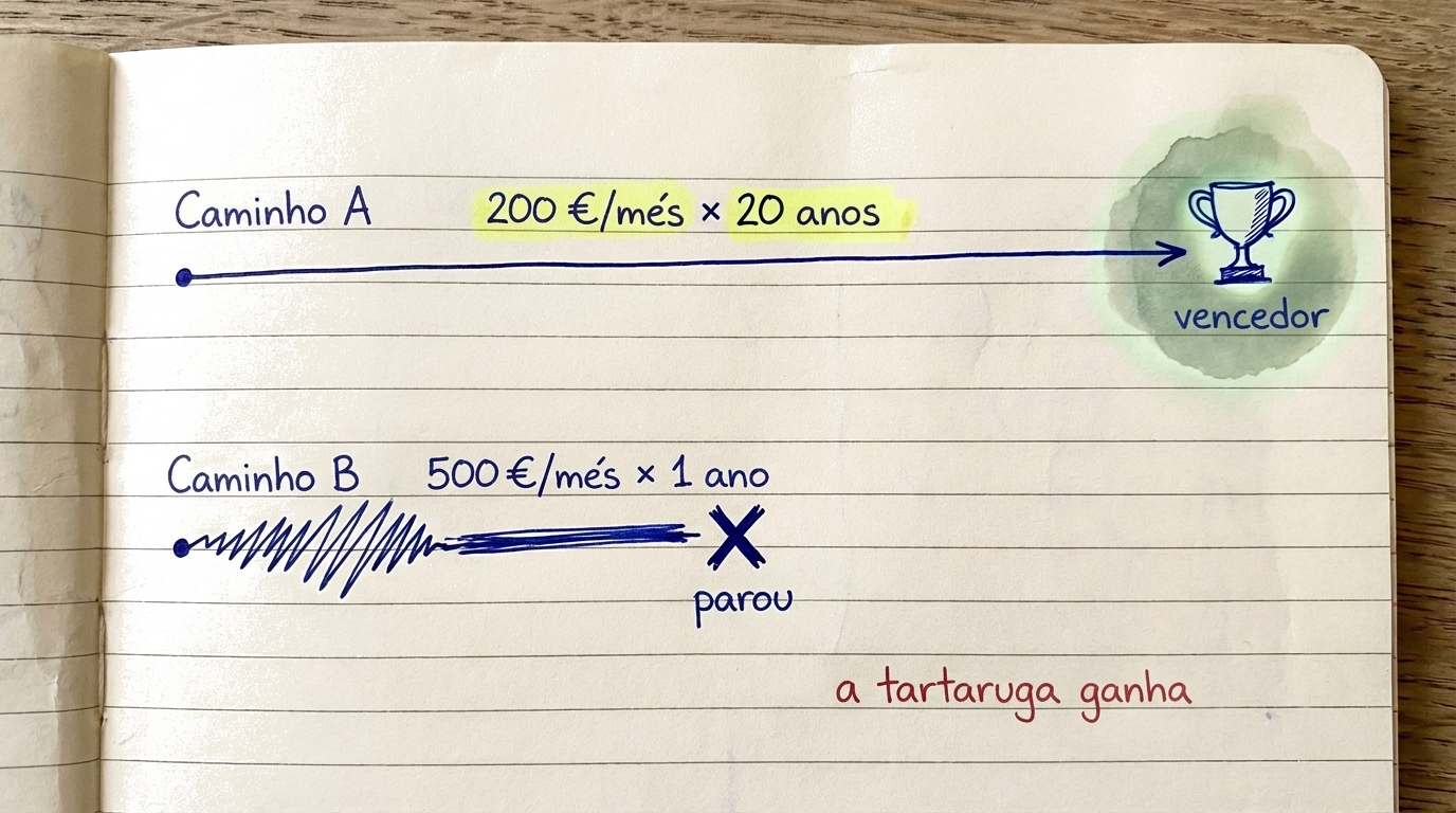 Ilustração que mostra que investimentos pequenos e consistentes ao longo de muitos anos superam investimentos grandes e esporádicos