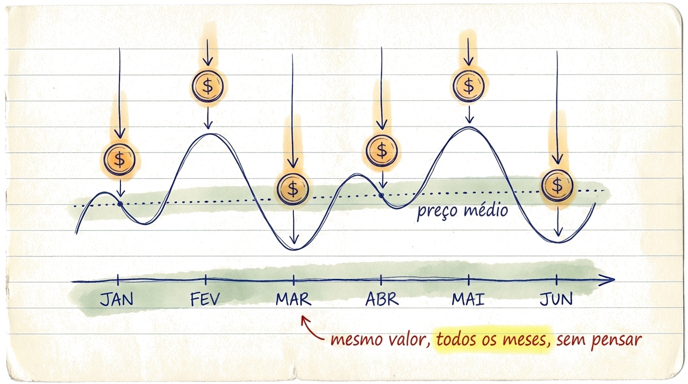 Gráfico que mostra como o DCA te permite comprar mais unidades quando os preços caem e menos quando sobem, fazendo a média do teu custo ao longo do tempo