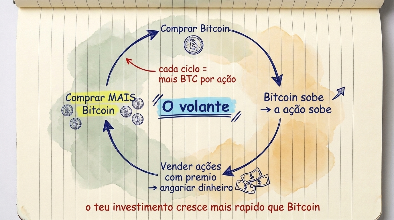 The Strategy flywheel: buy Bitcoin, stock goes up, sell shares at premium, buy more Bitcoin — each cycle adds more BTC per share