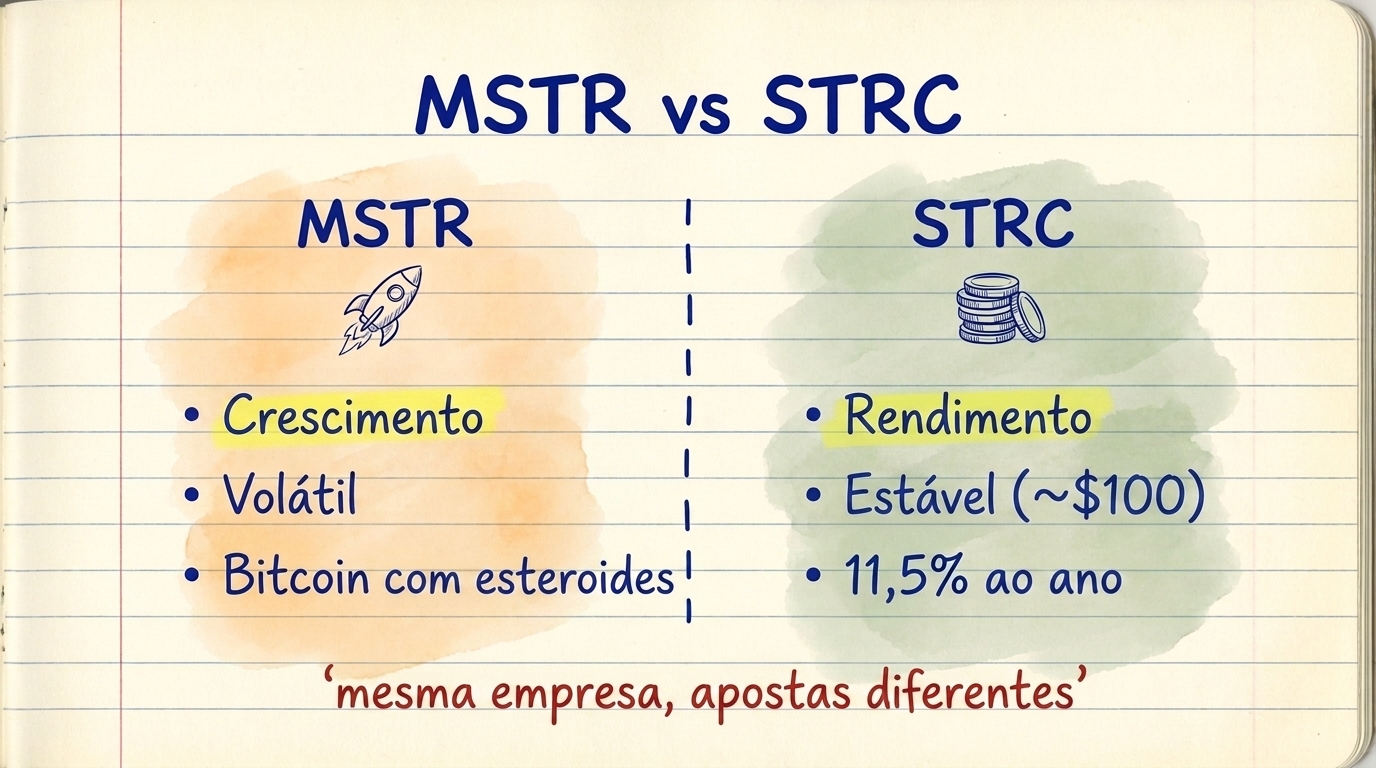 MSTR vs STRC: MSTR is growth, volatile, Bitcoin on steroids. STRC is income, stable at $100, 11.5% per year. Same company, different bets.